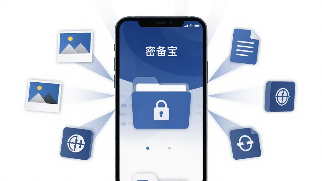 一张展示手机安全存储概念的图片,画面中央是一部智能手机,屏幕显示「密备宝」应用界面,包含文件夹图标和锁形标志,周围环绕着照片、文档、密码等小图标向手机汇聚,布局简洁对称,风格为现代扁平化设计,色调以深蓝和白色为主,细节清晰,画质干净,无多余元素