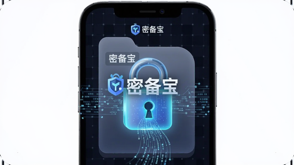 一部手机屏幕显示「密备宝」加密文件夹,文件夹上覆盖着一把发光的锁,背景为深色科技感网格纹理,画面中央有「密备宝」文字标识,布局居中,风格为科技感插画,细节表现为数据流被锁在手机内部,画质清晰干净,无多余元素