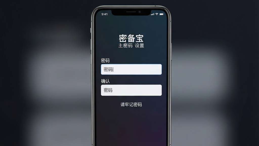 一张手机屏幕展示「密备宝」主密码设置界面的图片,界面包含密码输入框、确认密码框和「请牢记密码」提示文字,背景为深色渐变,布局为居中表单样式,风格为简洁UI设计,细节清晰,画质干净,无多余元素