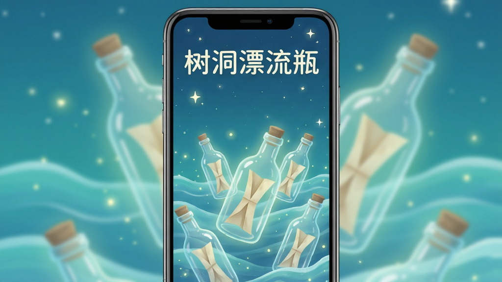 一张手机屏幕竖版展示图,主体为蓝绿色调的海洋背景,画面中央漂浮着几只带光晕的玻璃漂流瓶,瓶内装着折叠纸条,屏幕上方显示