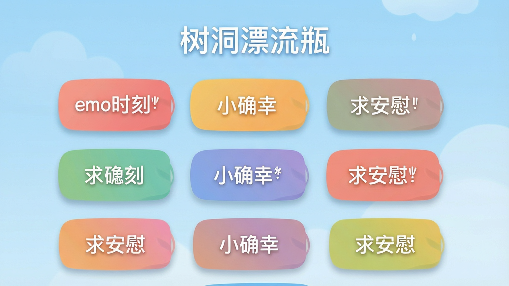 手机界面平铺展示多个彩色心情标签卡片,卡片上分别写有