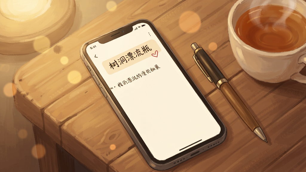 一部手机放置在木质桌面上,屏幕显示简洁的日记本界面与