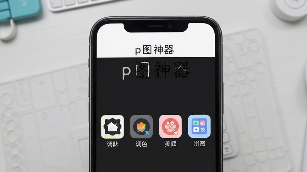 手机屏幕中央展示一款修图软件的主界面,顶部标题栏写