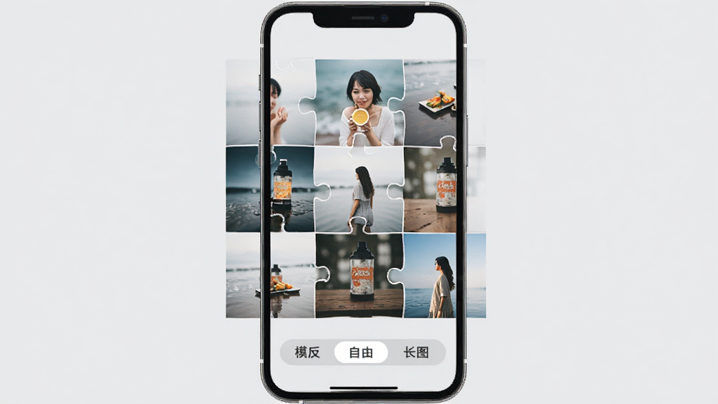 手机界面展示拼图功能,屏幕中排列着多张照片组成的九宫格拼图,底部有模板、自由、长图三个切换标签,背景为浅灰色,界面排版整齐,风格清新简约,画质清晰,干净无多余元素