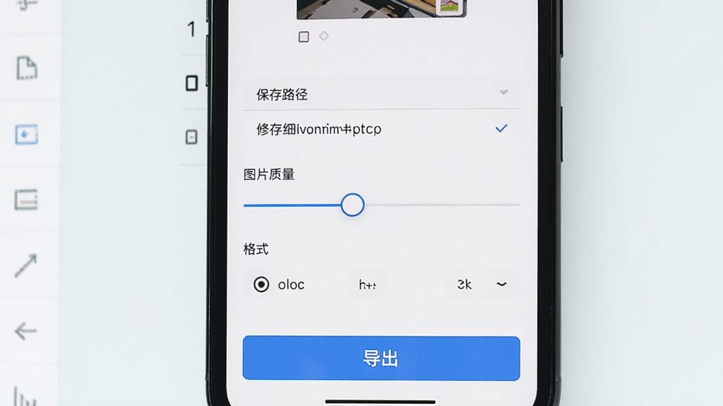 手机屏幕展示修图软件导出设置界面,画面中有保存路径选择、图片质量滑杆、格式选项,界面底部有