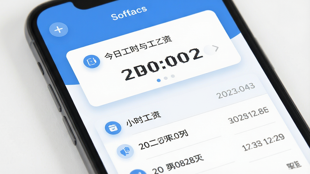一张手机屏幕展示小时工工资记录软件主界面,界面中央显示今日工时与工资汇总卡片,下方为按日期排列的工时记录列表,整体采用清爽的蓝白配色,布局简洁明了,风格为现代扁平化UI设计,细节包括圆形图标与柔和阴影,画质清晰,干净,无多余元素