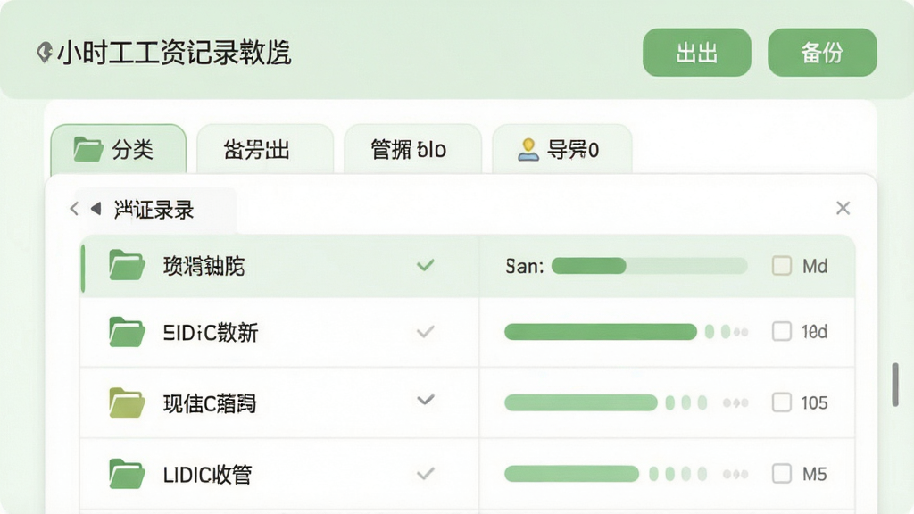 小时工工资记录软件数据管理界面示意图,画面展示分类标签与记录列表的层级结构,顶部有导出与备份按钮,整体色调为淡绿色与白色搭配,风格为清新卡片式设计,细节包括文件夹图标与数据条,画质清晰,干净,无多余元素