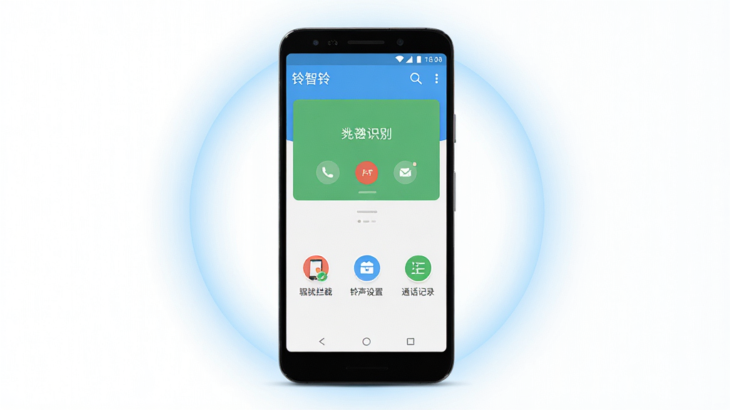 画面中央放置一部安卓手机,手机屏幕显示“铃智铃”应用主界面,界面上方为来电识别卡片,下方排列骚扰拦截、铃声设置、通话记录三个功能入口,手机周围以浅蓝色圆形光晕点缀,背景为干净的白色渐变,整体采用扁平化UI风格,细节清晰,画质高清,画面干净,无多余元素