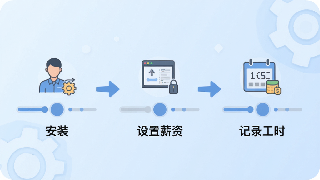 小时工工资记录软件操作流程示意图,画面以三步流程图形式展示安装、设置薪资、记录工时的过程,每步配以简洁图标与文字说明,背景为柔和渐变浅蓝色,风格为扁平化信息图设计,细节包括箭头引导与进度节点,画质清晰,干净,无多余元素
