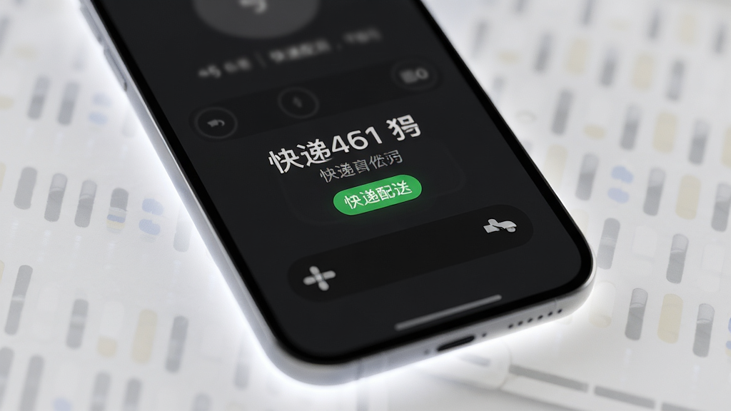 一部手机屏幕特写,屏幕中央显示来电界面,号码下方标注“快递配送”身份标签,标签为绿色圆角矩形,背景为深色通话界面,手机边缘有柔和光效,整体风格简洁现代,画质清晰,画面干净,无多余元素