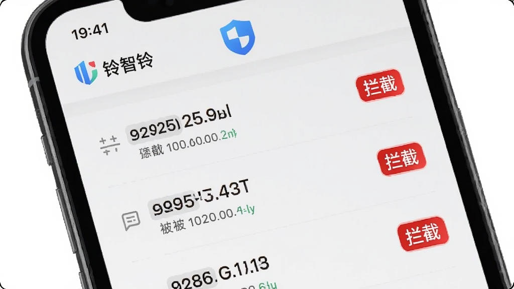 手机屏幕展示“铃智铃”骚扰拦截页面,页面中排列多条被拦截号码记录,每条记录右侧带有红色“拦截”小标签,页面顶部有盾牌图标,背景为浅灰色列表布局,风格清爽干净,画质高清,无多余元素