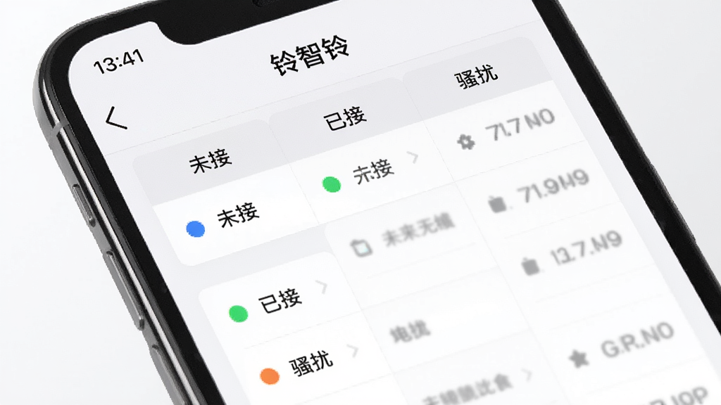 手机屏幕显示“铃智铃”通话记录页面,记录按“未接”“已接”“骚扰”三个标签分栏展示,每条记录左侧有对应颜色圆点标识,页面布局整齐,背景为白色卡片式设计,风格简约商务,画质高清,无多余元素
