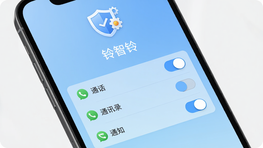 手机屏幕展示“铃智铃”权限设置引导页面,页面中列出通话、通讯录、通知三项权限条目,每条右侧有开关按钮,页面顶部有盾牌与齿轮组合图标,背景为浅蓝色渐变,风格清晰友好,画质高清,画面干净,无多余元素