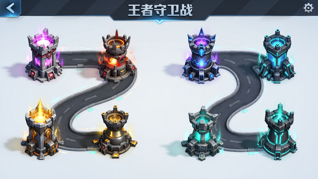 王者守卫战防御塔布局界面,展示四种不同风格的防御塔排列在蜿蜒的道路两侧,塔身带有发光特效,界面简洁明了,风格为游戏UI设计,细节精致,画质清晰,干净无杂乱