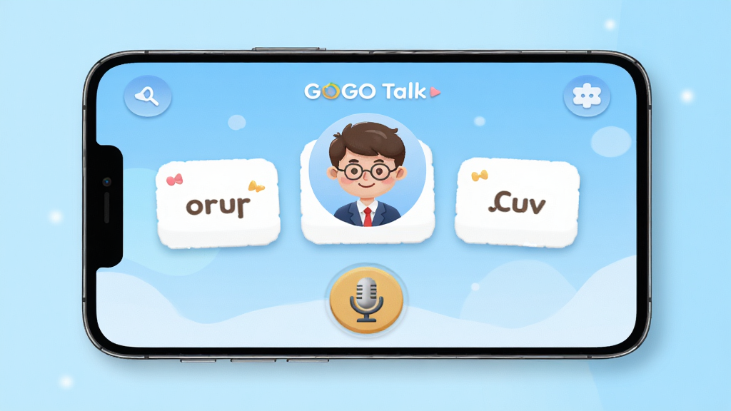 GOGO Talkѧ�����ֻ�����չʾ������Ϊһ�����������ֻ�����Ļ�ڳ��ֿ�ͨ����Ӣ����ý��棬�������ͷ�񡢵��ʿ�Ƭ����˷簴ť�����־��жԳƣ�����Ϊǳ��ɫ���䣬������»��ã�ϸ�ڰ���Բ��ͼ��������Ӱ�����ʸ��壬�ɾ��޶���Ԫ��
