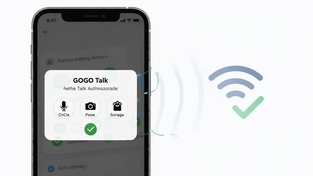 GOGO Talkѧ���˰�װ����ʾ��ͼ������Ϊ�ֻ���Ļ��ʾȨ����Ȩ������Wi-Fi����ͼ�꣬����Ϊ���·ֲ㣬���Ϊ���Ƽ��磬ϸ�ڰ�����˷硢����ͷ���洢����Ȩ��ͼ�����ɫ�Թ������ʸ��壬�ɾ��޶���Ԫ��