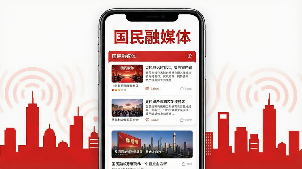 手机屏幕居中展示资讯聚合类应用界面,顶部为醒目的“国民融媒体”文字标识,页面布局分为新闻卡片流与直播入口两大板块,配色以红白为主传递权威感,四周环绕城市剪影与信号波纹元素,整体风格简洁现代,画质清晰干净无多余装饰