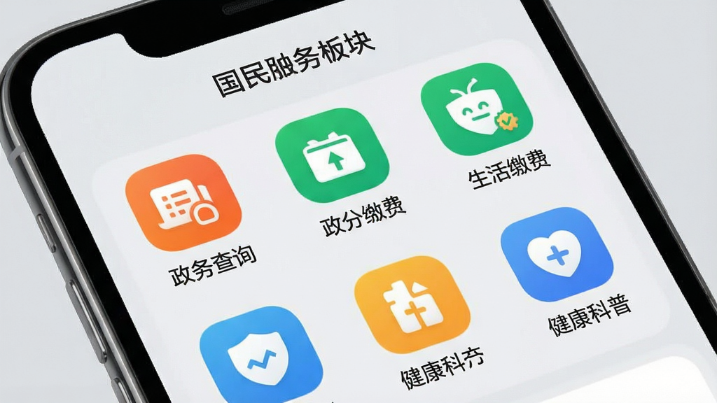 手机界面展示“国民融媒体”便民服务板块,图标整齐排列涵盖政务查询、生活缴费、健康科普等入口,背景为柔和浅灰色,风格清新实用,布局规整,画质干净