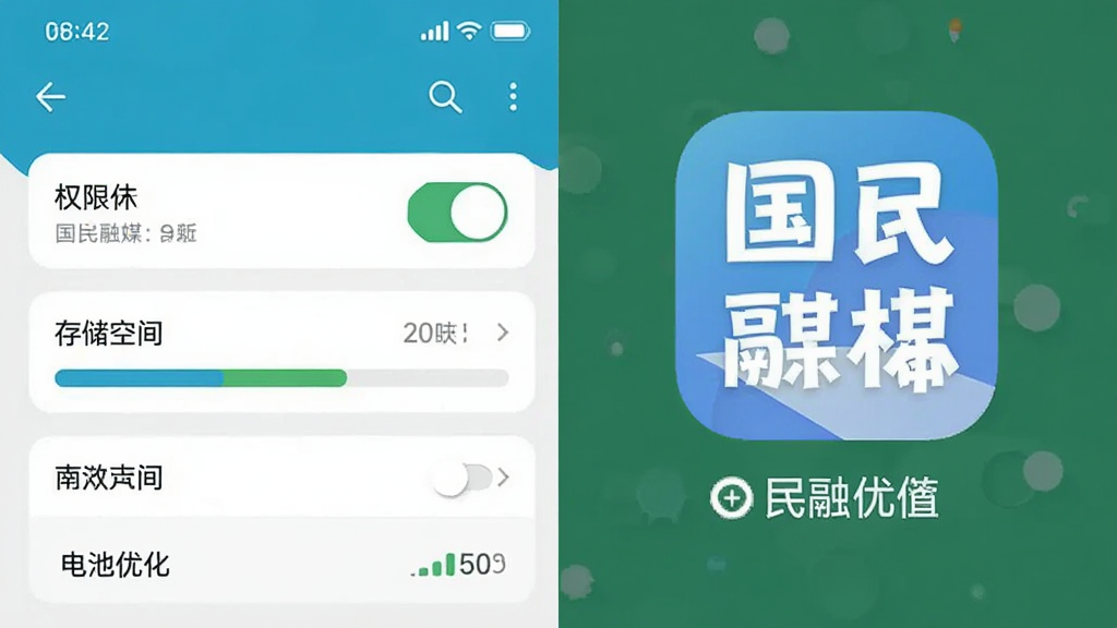 手机设置界面与国民融媒体应用图标并列展示,画面中呈现权限开关、存储空间条与电池优化选项,风格扁平化信息图,配色清爽,布局清晰,画质干净