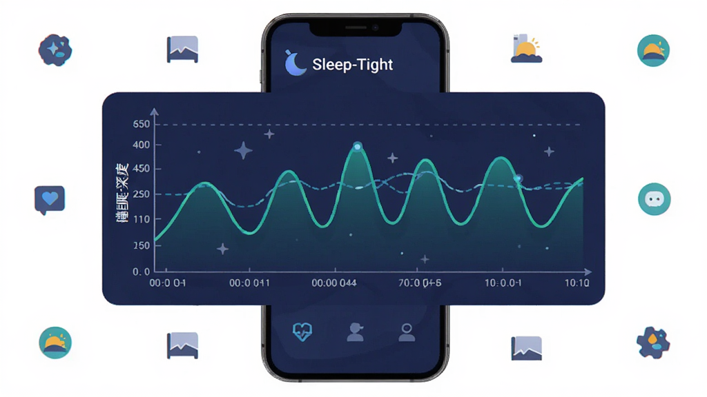 主体为手机屏幕上的睡眠时间轴图表,横轴为夜间时间、纵轴为睡眠深度,曲线呈波浪状;布局为图表占据画面中央,四周点缀小图标;排版为竖向手机界面展示;风格为扁平化健康数据可视化;细节包括深蓝底色、青绿色曲线、
