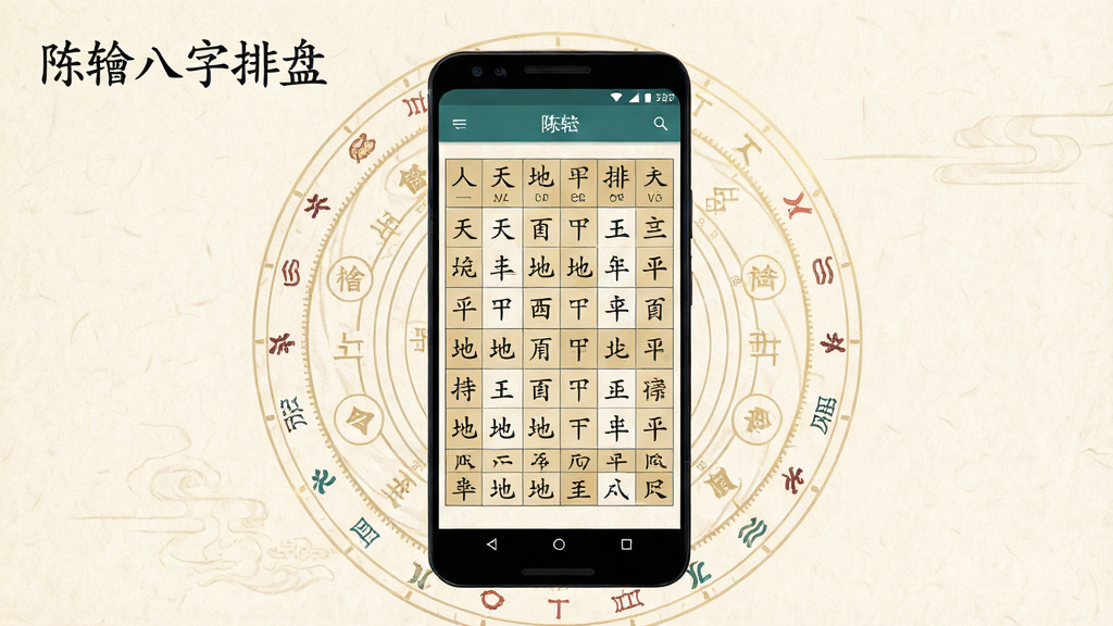 画面中央一部竖屏安卓手机,屏幕内显示陈抟八字排盘应用的四柱命盘界面,天干地支以清晰表格排列,周围环绕淡金色圆形罗盘纹样与二十四节气刻度,背景为浅米色宣纸质感,左上角放置“陈抟八字排盘”字样,整体采用扁平化国风设计,布局简洁对称,细节干净,高清画质,无多余装饰元素