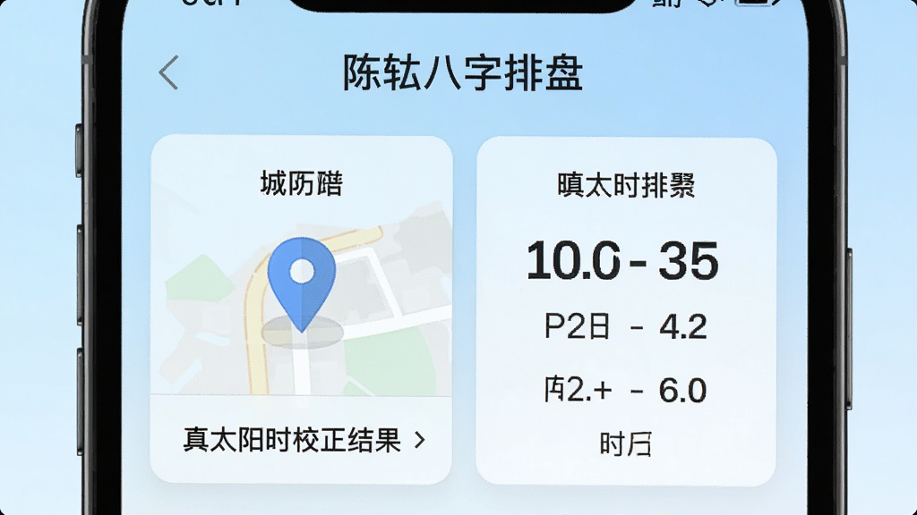 一部手机屏幕特写,画面中显示城市选择列表与真太阳时校正结果,左侧为地图定位图标,右侧为时间修正前后对照,背景为浅蓝渐变,风格清爽简约,画质清晰,文字“陈抟八字排盘”出现在屏幕顶部,布局规整,无杂乱元素