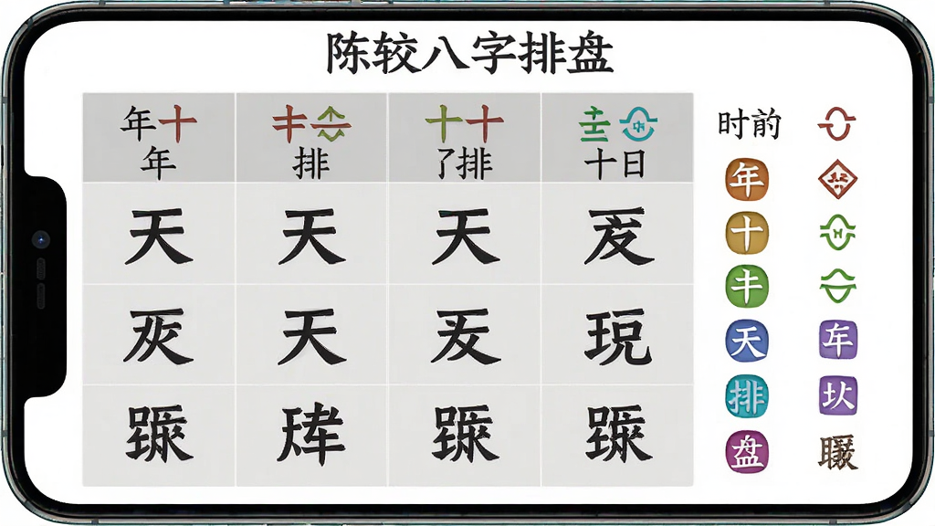 手机界面展示四柱排盘结果表格,四列分别对应年月日时,每列上方有十神标签,下方为天干地支大字,表格采用浅灰底色配深色文字,右侧有彩色十神图例,屏幕上方写有“陈抟八字排盘”标题,整体排版整齐,国风简约风格,高清画质,背景干净