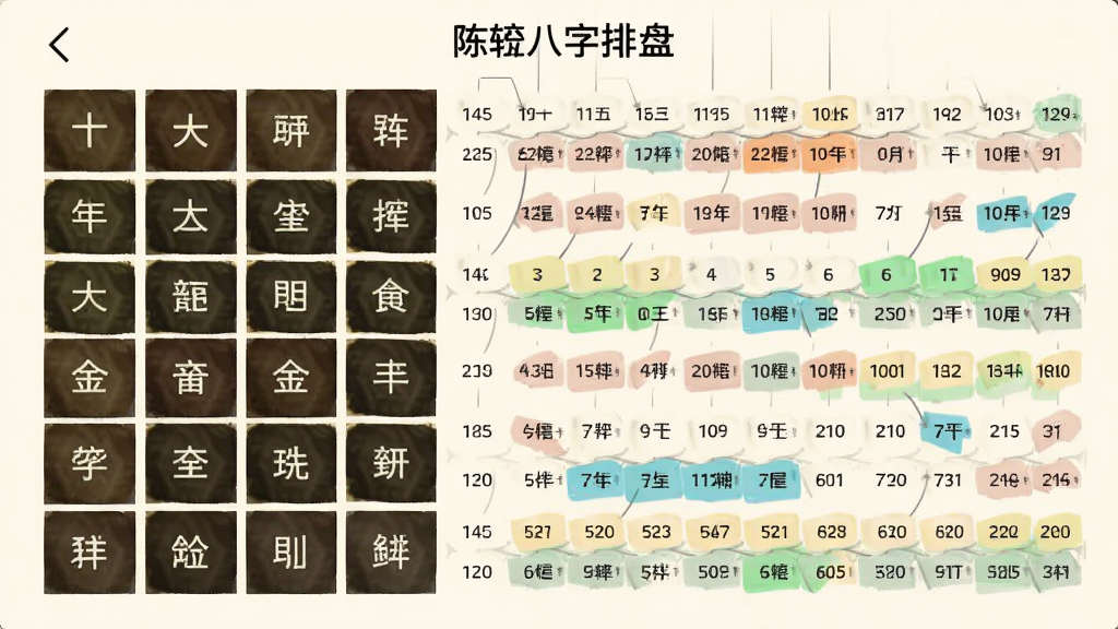 横向展开的手机截图,画面呈现大运流年时间轴,左侧为十年一步的大运干支方块,右侧展开流年列表,部分年份用高亮色块标记,顶部有“陈抟八字排盘”文字,背景为米白色,线条简洁,信息层级分明,高清画质,无多余图标