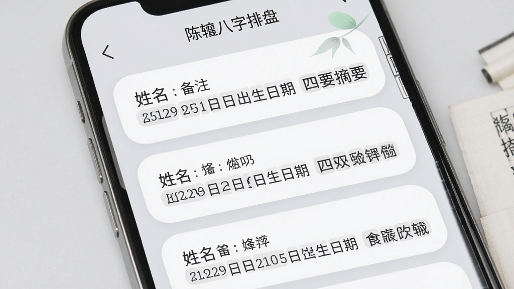 手机屏幕显示命例收藏列表页面,每条记录包含姓名备注、出生日期与四柱摘要,列表采用卡片式圆角设计,背景为浅灰,顶部标题栏写有“陈抟八字排盘”,整体风格柔和清新,排版疏朗,高清画质,干净无杂乱