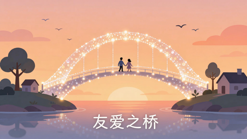 主体为一座连接两座风格柔和岛屿的发光拱桥,桥身由半透明光点构成,布局居中对称,排版上桥梁位于画面中央横跨,两侧岛屿有简洁的树木与房屋剪影,风格为温馨治愈系扁平插画,细节上桥面有细小的人影牵手行走,天空有柔和渐变晚霞与飞鸟,画质清晰细腻,干净无多余元素,画面中下方标注文字“友爱之桥”。