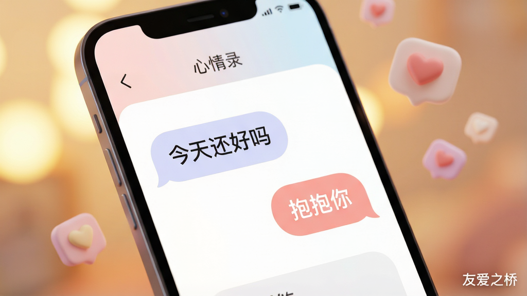 主体为一部智能手机屏幕特写,屏幕内显示柔和色调的心情记录界面与匿名对话气泡,布局上手机居中略微倾斜,背景为模糊的暖色光晕与漂浮的爱心图标,风格为现代UI展示与3D渲染结合,细节上屏幕内文字气泡显示“今天还好吗”与“抱抱你”,画质高清,干净简约,画面角落带有“友爱之桥”小字水印。