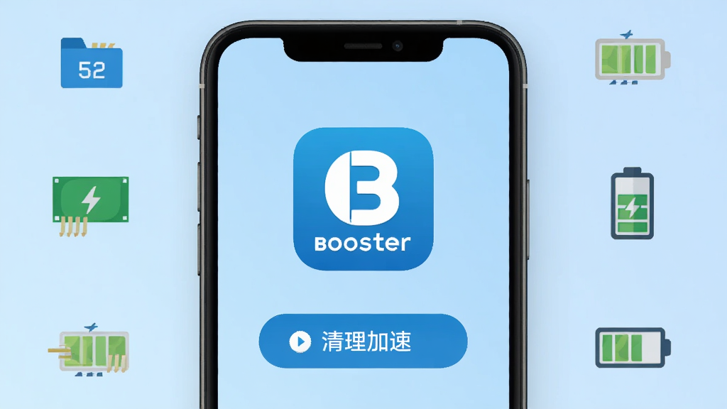 手机主界面中央显示Booster应用图标与清理加速按钮,背景为浅蓝色渐变,周围环绕存储空间、内存条、电池等简洁图标,扁平化设计风格,界面排版清晰,细节干净,高清画质,无多余元素