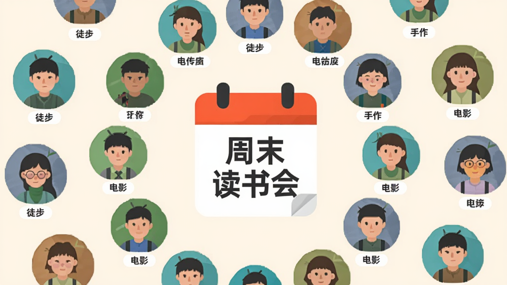 主体为多个圆形头像图标围绕一个中心日历图标排列,布局呈放射状,排版中心日历上标注“周末读书会”,风格为扁平化矢量图标设计,细节上每个头像下方有微小标签如“徒步”“手作”“电影”,画质干净明亮,背景为浅米色,无多余装饰。