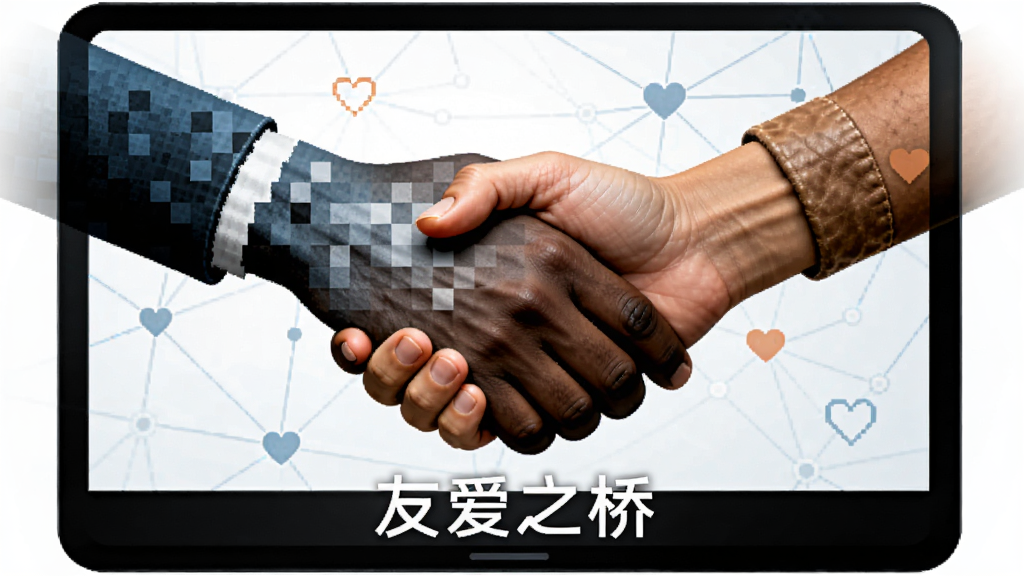 主体为两只不同肤色的手在屏幕内相握的抽象图形,布局居中,排版上手掌由像素方块构成并逐渐过渡为真实手掌纹理,风格为科技感与人文关怀结合的概念插画,细节上背景有微弱的连接线网络与爱心符号,画质高对比度,干净利落,画面底部有“友爱之桥”英文标识。