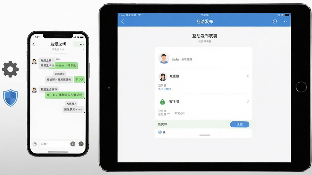 主体为一部竖屏手机与一台横屏平板电脑并排展示,布局左右对比,排版上手机屏幕显示友爱之桥聊天界面,平板屏幕显示互助发布表单,风格为扁平化设备展示图,细节上手机旁有齿轮与盾牌小图标代表设置与安全,画质清晰,背景为浅灰色渐变,干净无杂乱元素。