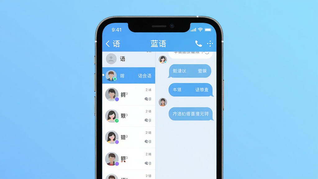 手机屏幕居中展示一款名为“蓝语”的即时通讯软件聊天界面,左侧为联系人列表,右侧为对话气泡,整体为浅蓝色调,扁平化UI风格,界面干净整洁,背景为纯色渐变,画质清晰,无多余元素