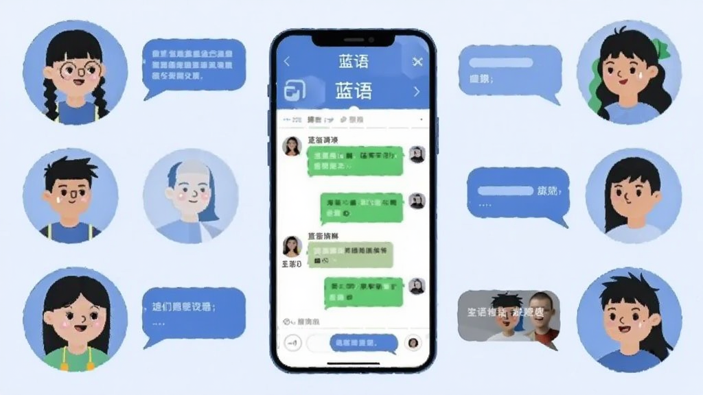 画面中央一部手机显示“蓝语”群聊界面,四周环绕着多个卡通人物头像与对话气泡,整体为浅蓝色与白色搭配,扁平化插画风格,布局对称,画质清晰,干净无多余元素