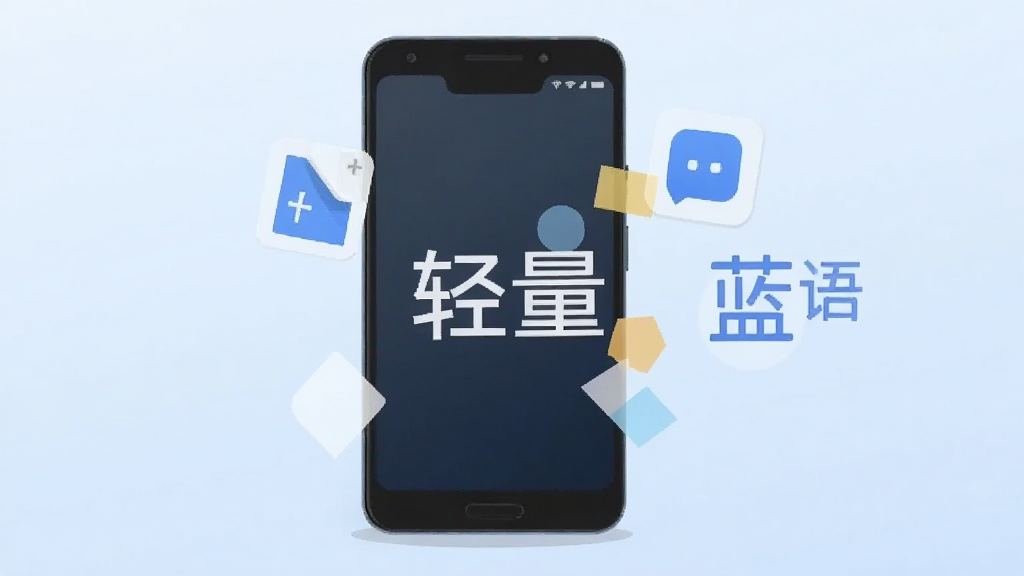 一部安卓手机旁边漂浮着轻巧的安装包图标与“蓝语”字样,背景为浅蓝渐变色,画面中央用简洁的几何图形表现“轻量”概念,扁平插画风格,布局居中,画质干净,无多余元素