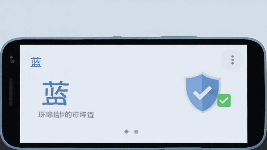 一部安卓手机屏幕显示“蓝语”设置页面,旁边有盾牌图标和勾选标记,背景为浅灰蓝色,扁平化风格,画面简洁,突出安全设置概念,画质干净,无多余元素