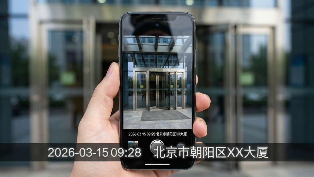 画面主体是一部手机正在拍摄办公大楼门口的场景,手机屏幕中显示拍摄画面,画面底部叠加了醒目的时间水印和地点水印,水印文字为“2026-03-15 09:28 北京市朝阳区XX大厦”;手机被一只手握持,背景是虚化的办公楼玻璃门;布局采用中心构图,手机屏幕为视觉焦点;排版上水印条横向贯穿屏幕底部,文字清晰可读;风格为写实商务摄影风格;细节上注意手指与手机的握持关系自然,屏幕反光适度;画质高清,画面干净,无杂乱背景元素。