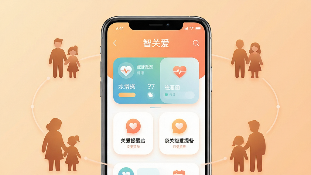 画面中央放置一部智能手机,屏幕上显示“智关爱”应用的主界面,界面中包含健康数据卡片和关爱提醒图标。手机周围环绕着代表家庭成员的简约人物剪影,以柔和的线条连接,象征亲情纽带。背景采用温暖的浅橙色渐变,布局简洁明了,风格温馨现代,细节上突出界面元素的圆润感和清晰度,画质清晰干净,无多余装饰元素。
