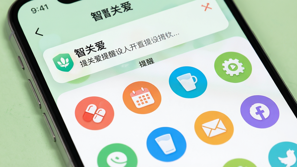 画面呈现一部手机屏幕特写,屏幕上显示“智关爱”的提醒设置页面,页面中有多个彩色圆形图标代表不同的提醒类型,如药丸图标、日历图标、水杯图标等。屏幕上方弹出温柔的提醒通知横幅。画面采用柔和的浅绿色背景,风格亲切自然,细节上突出图标辨识度和通知横幅的清晰文字,画质细腻干净,无多余装饰。