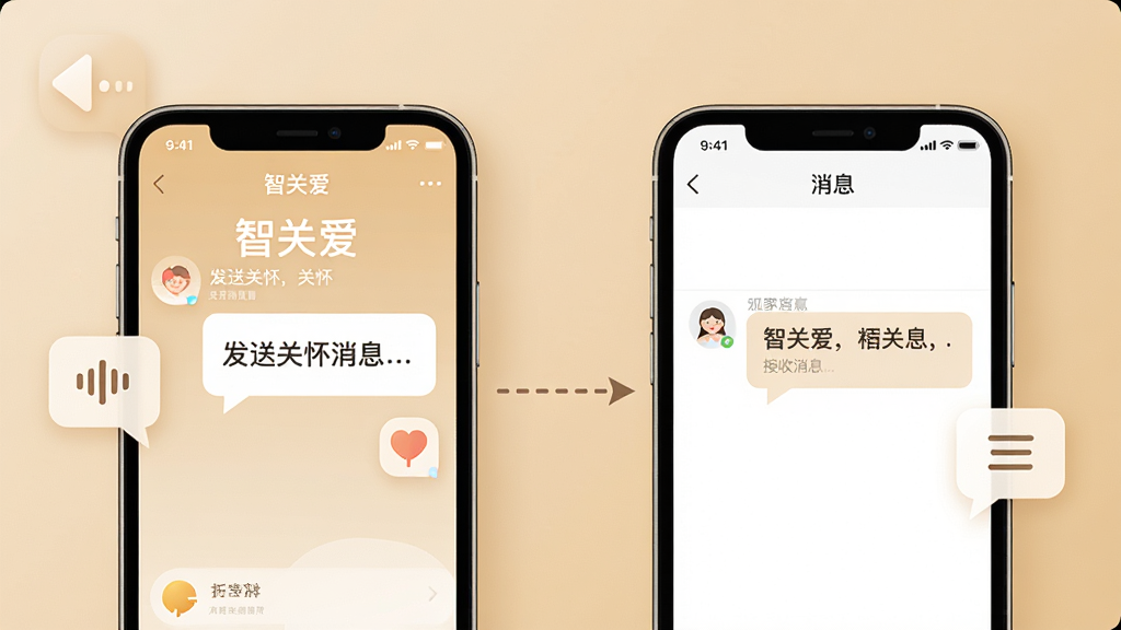 画面展示两个手机屏幕并排摆放,左侧屏幕显示“智关爱”发送关怀消息的界面,右侧屏幕显示接收消息的界面,中间用虚线箭头连接表示消息传递。屏幕周围有代表语音和文字的气泡图标。背景为温暖的米黄色,风格简约温馨,细节上突出界面文字的可读性和图标的一致性,画质清晰干净,无多余元素。