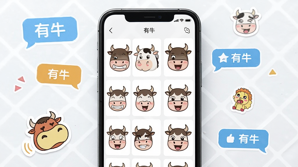 一张手机屏幕展示表情包制作软件界面的场景图,画面中央是手机,屏幕上有卡通牛形象的表情包模板网格布局,周围散落着聊天气泡和趣味贴纸元素,整体风格清新活泼,色彩明亮,画质干净清晰,无多余杂乱元素,图片中可带有“有牛”文字标识