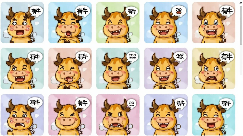 一张展示表情包模板库的界面图,画面主体为整齐排列的表情包缩略图网格,每个缩略图带有不同卡通牛形象和文字气泡,布局清晰,风格轻松明快,细节丰富,画质干净,无多余元素,画面中带有“有牛”字样