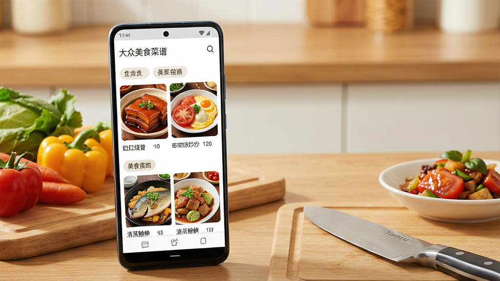 一张展示手机界面的美食菜谱应用场景图,画面主体为一部竖屏安卓手机,屏幕内呈现大众美食食谱的菜谱列表页,包含红烧肉、番茄炒蛋、清蒸鲈鱼等菜品缩略图与分类标签,手机旁边摆放着新鲜蔬菜、木质砧板和一把厨刀,背景为暖色调厨房台面,布局上手机居中偏左,右侧留白放置一小碟成品菜肴,整体风格清新写实,细节包括菜品色泽油亮、界面图标清晰、光影柔和自然,画质干净细腻,无多余装饰元素