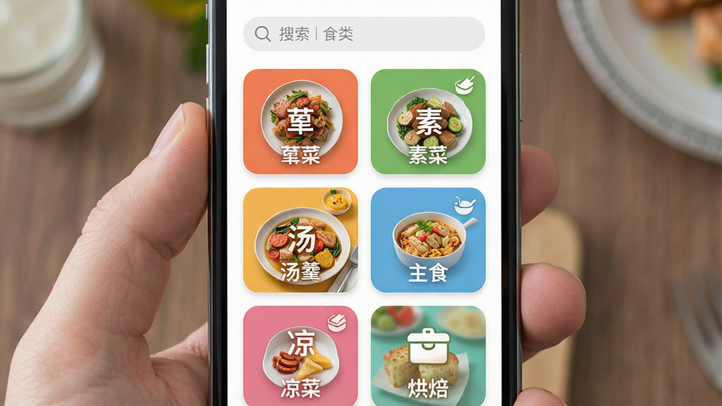一张美食菜谱应用的分类导航界面示意图,画面主体为手机屏幕特写,屏幕内显示大众美食食谱的分类页,顶部为搜索框,下方以彩色卡片形式排列荤菜、素菜、汤羹、主食、凉菜、烘焙六个入口,卡片配有对应的菜品小图,布局为两列三行整齐排布,风格清爽扁平化,细节包括卡片圆角柔和、图标简洁、文字清晰,画质干净明亮,无多余元素