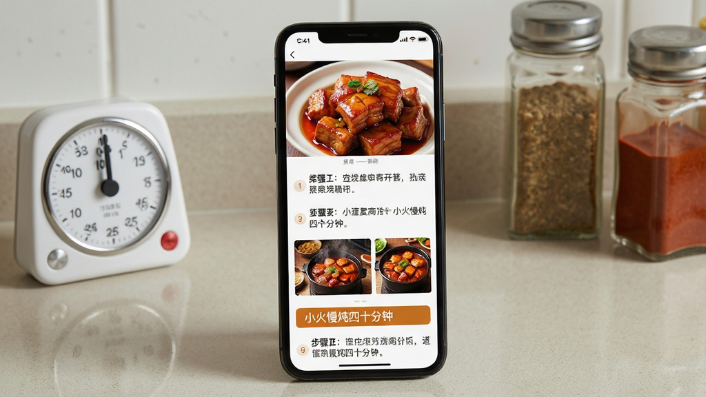 一张手机菜谱步骤详情页的展示图,画面主体为一部手机,屏幕内显示大众美食食谱的红烧肉菜谱详情,上方为成品图,下方依次排列步骤编号、文字说明与配图,其中一步高亮显示“小火慢炖四十分钟”,手机放置在厨房台面上,旁边有计时器和调料瓶,风格写实自然,细节包括步骤文字清晰、配图色泽诱人、光影柔和,画质干净,无多余元素