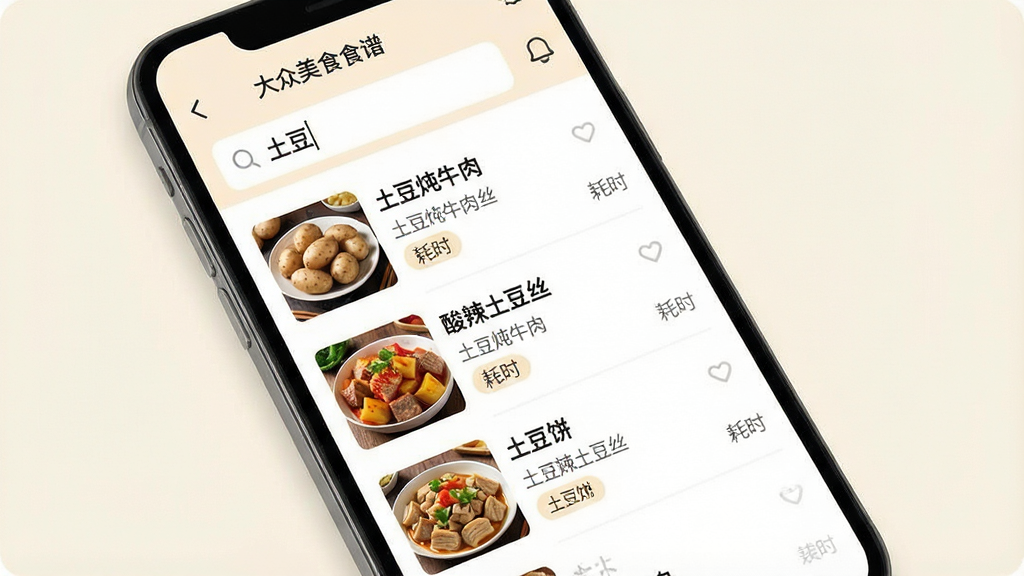 一张展示食材搜索功能的手机界面图,画面主体为手机屏幕,屏幕内为大众美食食谱的搜索页,搜索框内显示“土豆”关键词,下方列出土豆炖牛肉、酸辣土豆丝、土豆饼等菜谱结果,每条结果包含缩略图与耗时标签,布局为纵向列表,风格简洁明快,细节包括搜索结果排列整齐、缩略图清晰、背景浅色,画质干净,无多余元素