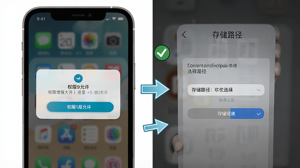 画质增强大师新手操作提示示意图,画面展示手机屏幕弹出权限允许对话框和存储路径选择界面,旁边有勾选和箭头指引,风格清晰教程风,布局直观,细节明确,画质干净